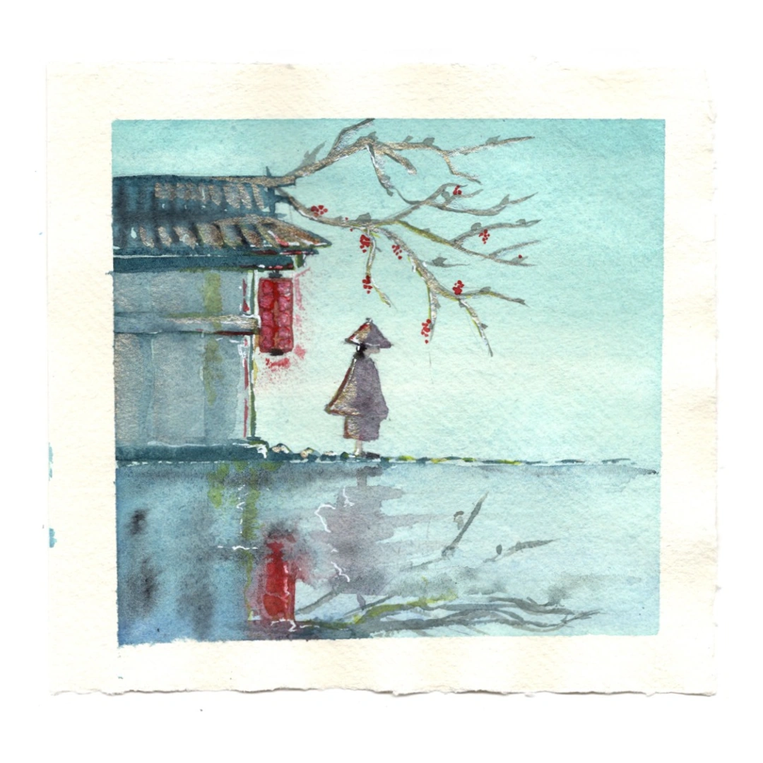 Between Seasons — watercolour, 15 × 15 cm, by Alona Petliarska