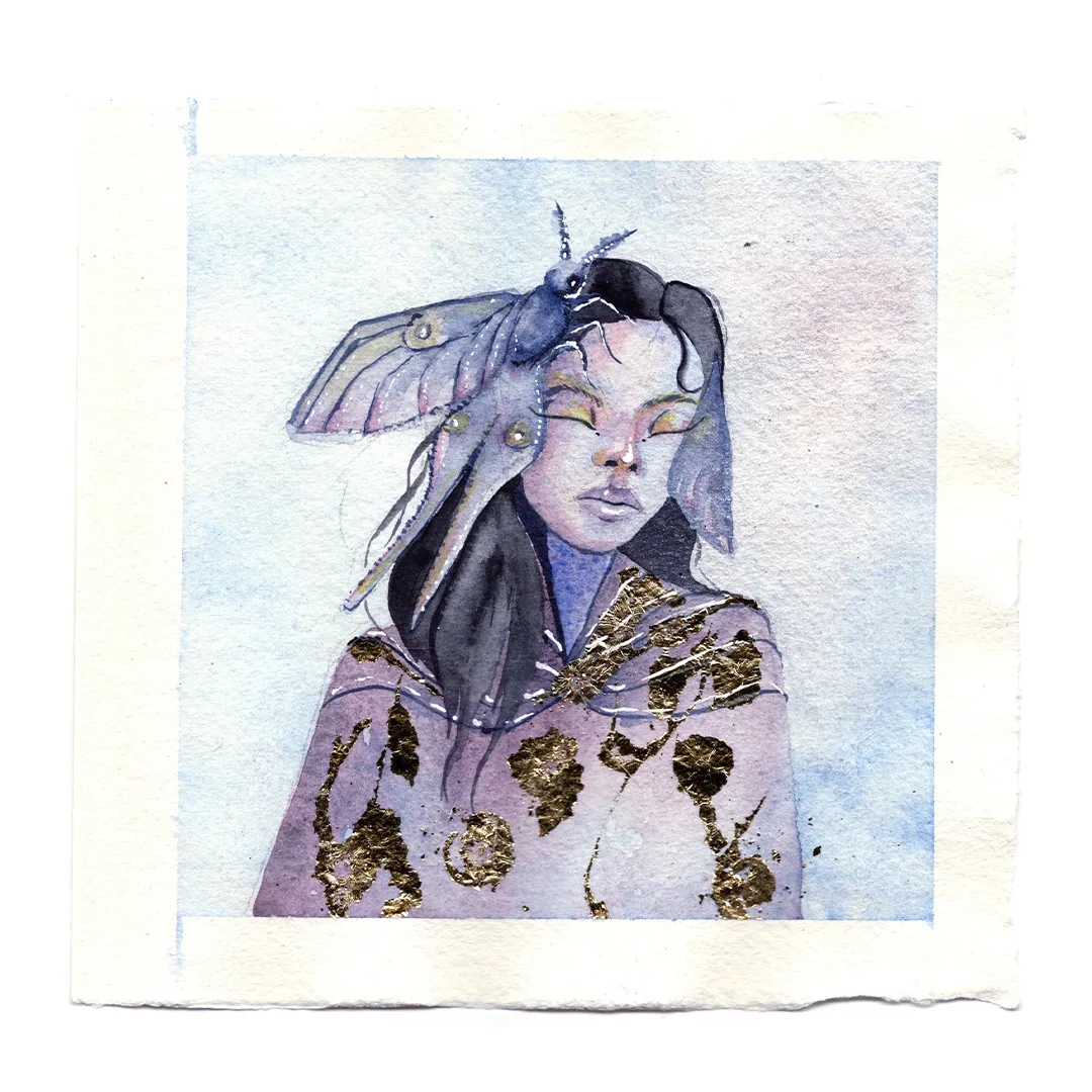 Night Visitor — watercolour and gold leaf, 15 × 15 cm, by Alona Petliarska