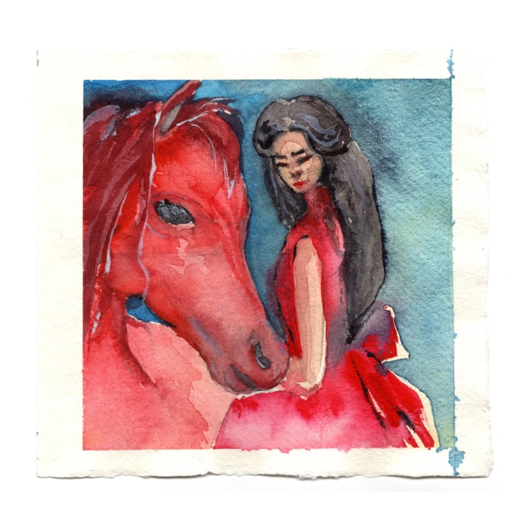 The Red Horse — watercolour, 15 × 15 cm, by Alona Petliarska
