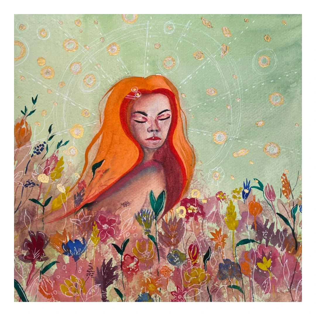 Spring — Watercolour, gold leaf & white ink, 30 × 30 cm, by Alona Petliarska