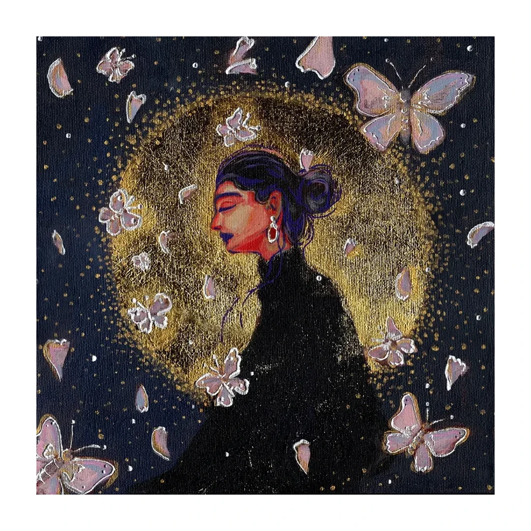 Butterfly Soul — Acrylic, gold leaf & 3D pen on canvas, 30 × 30 cm, by Alona Petliarska