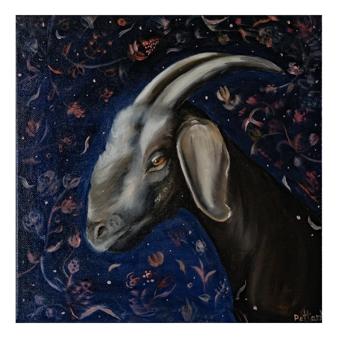 Sacred Goat — Oil on canvas, 30 × 30 cm, by Alona Petliarska