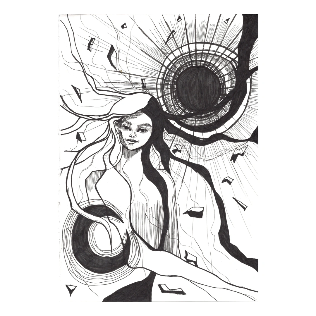 Gravity — Ink on paper (coloured accents where visible), 21 × 29.5 cm, by Alona Petliarska