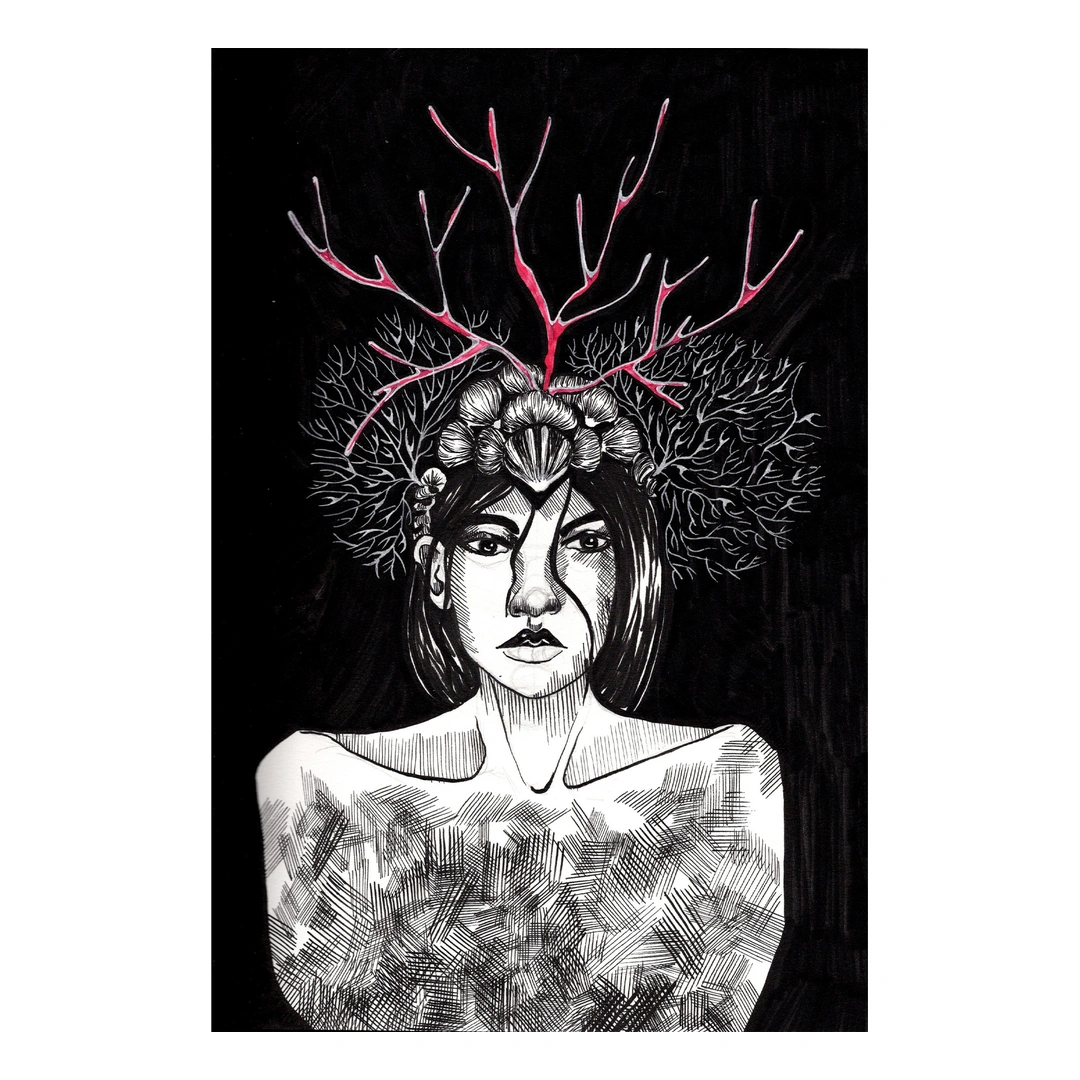 Rooted — Ink on paper (coloured accents where visible), 21 × 29.5 cm, by Alona Petliarska