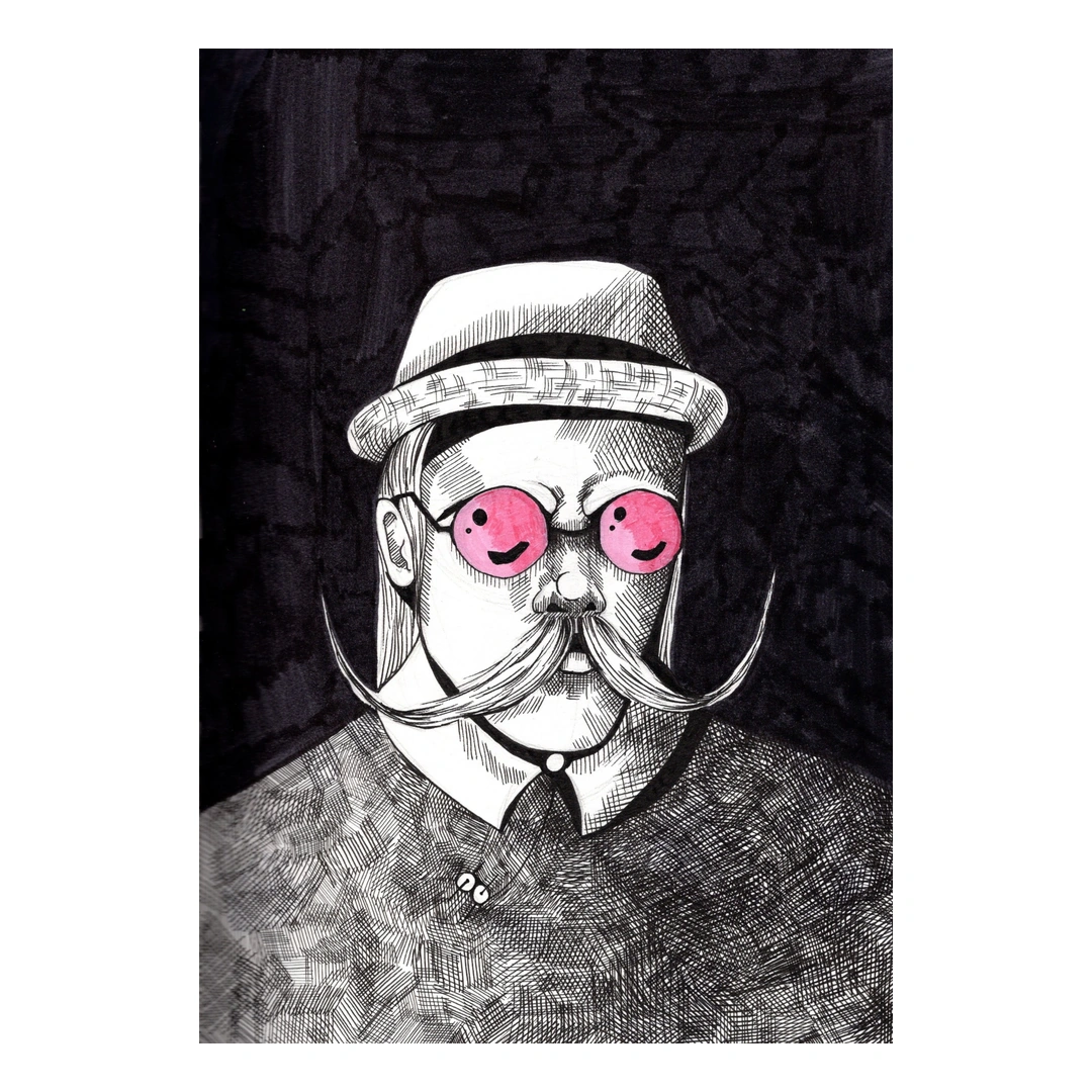 Rose Coloured Glasses — Ink on paper (coloured accents where visible), 21 × 29.5 cm, by Alona Petliarska