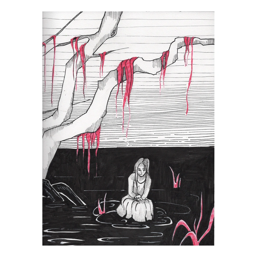 Still Water — Ink on paper (coloured accents where visible), 21 × 29.5 cm, by Alona Petliarska