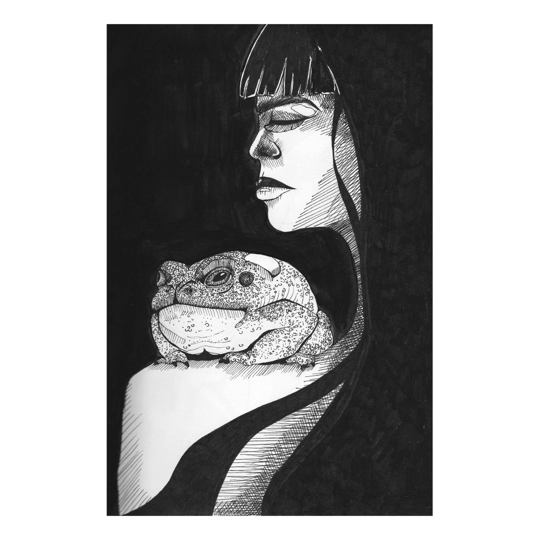 The Familiar — Ink on paper (coloured accents where visible), 21 × 29.5 cm, by Alona Petliarska