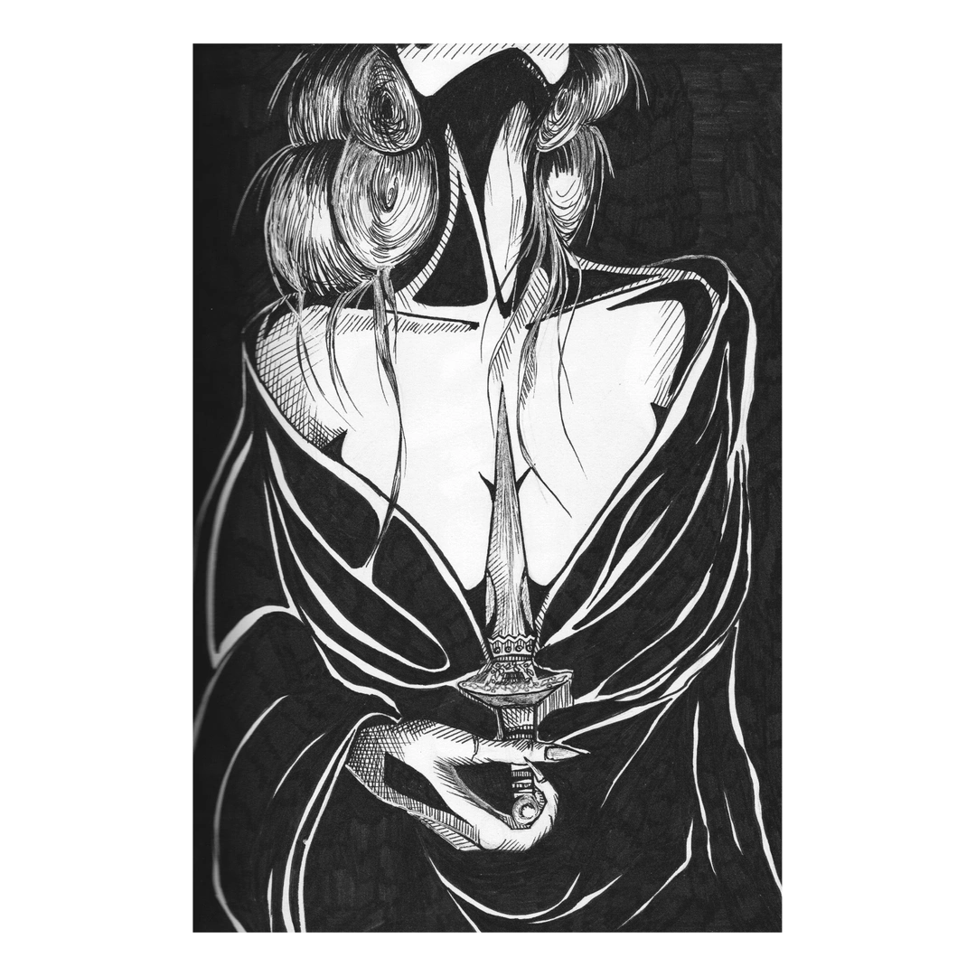 The Oath — Ink on paper (coloured accents where visible), 21 × 29.5 cm, by Alona Petliarska