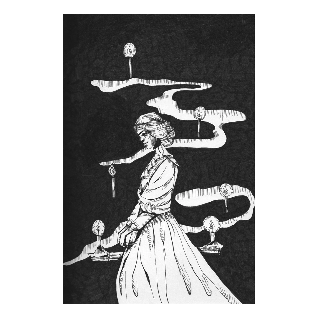 Vigil — Ink on paper (coloured accents where visible), 21 × 29.5 cm, by Alona Petliarska