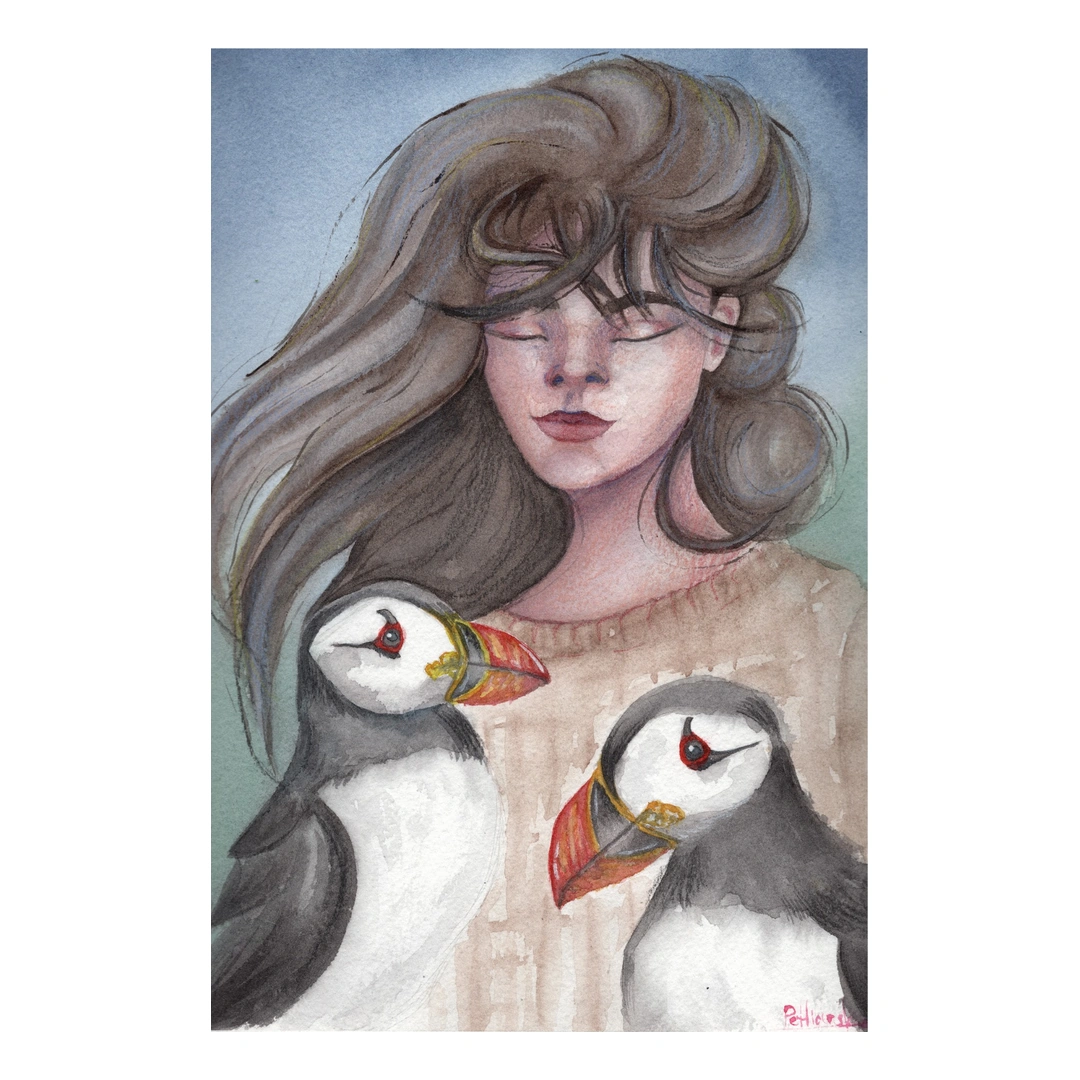 Among Puffins — Watercolour and pencil on paper, 24 × 32 cm, by Alona Petliarska