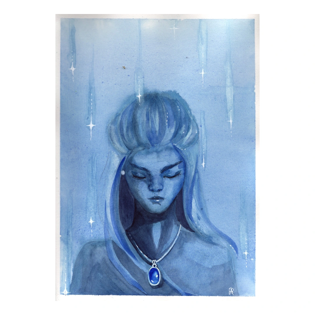 Blue Is Her Colour — Watercolour & white fineliner on paper, 22.8 × 30.5 cm, by Alona Petliarska