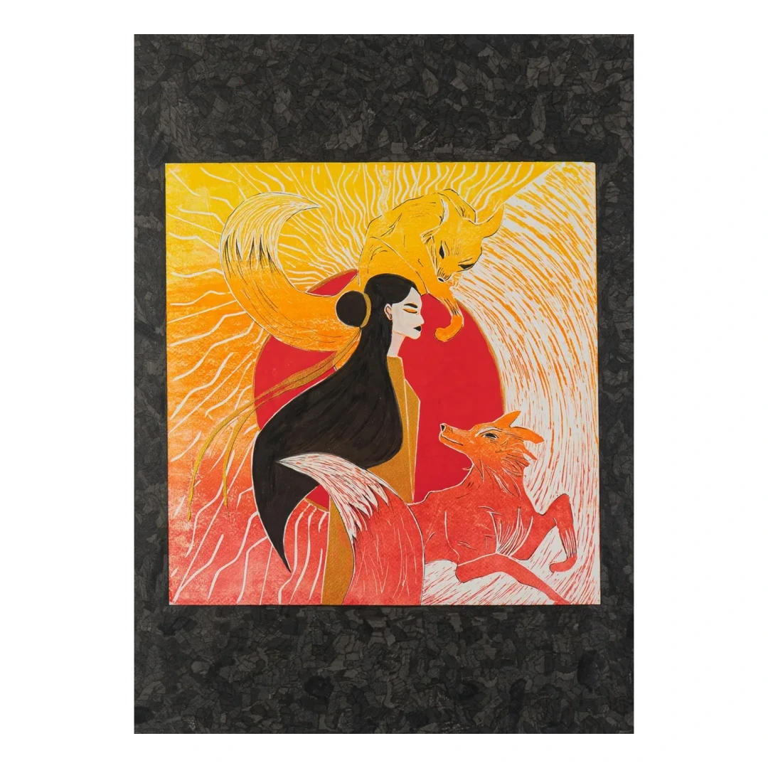 Kitsune Vol.2 — The Sun Guardian — Linoprint, acrylic & fineliner, 45 × 62 cm, by Alona Petliarska