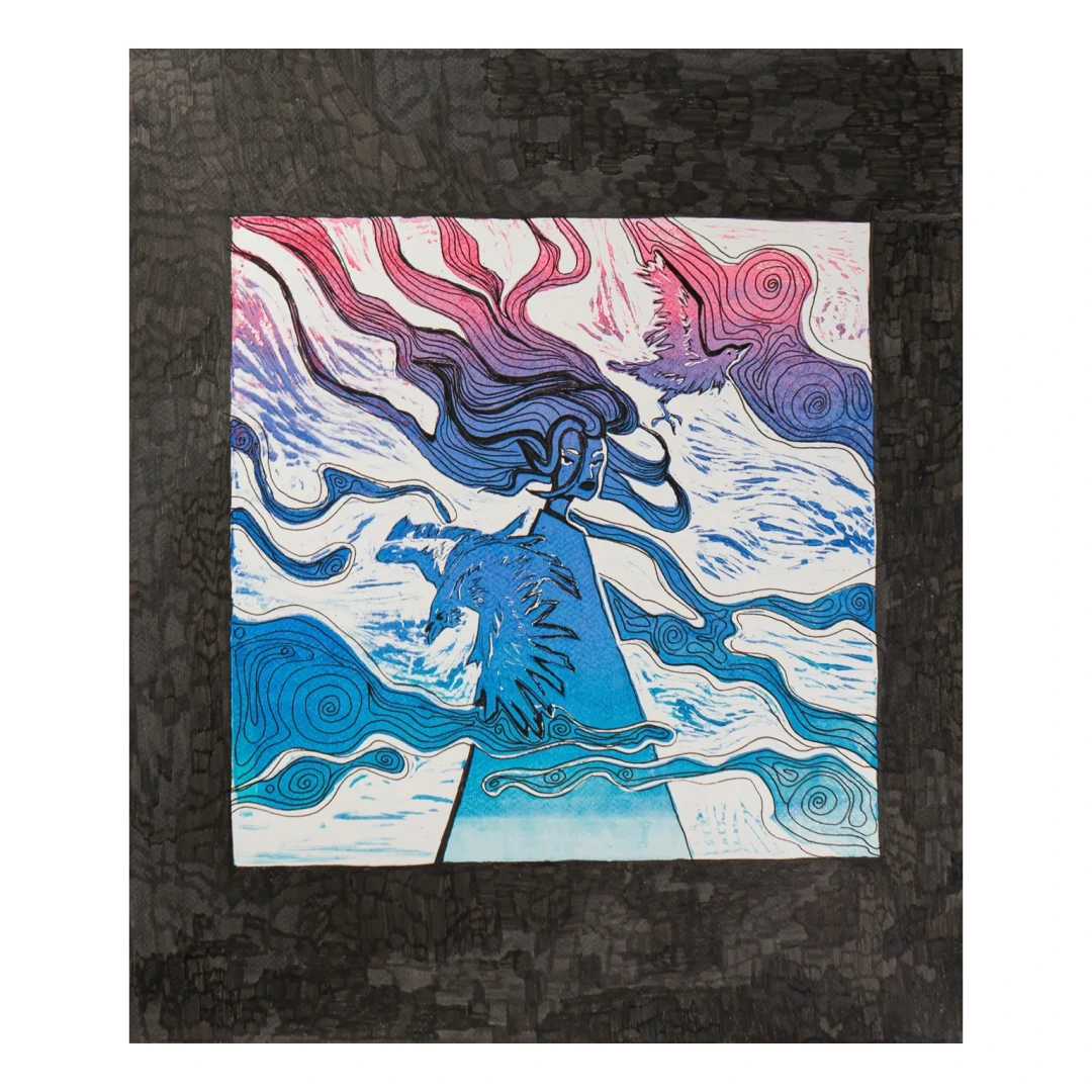 Lady Fog — Linoprint & fineliner, 39 × 47 cm, by Alona Petliarska