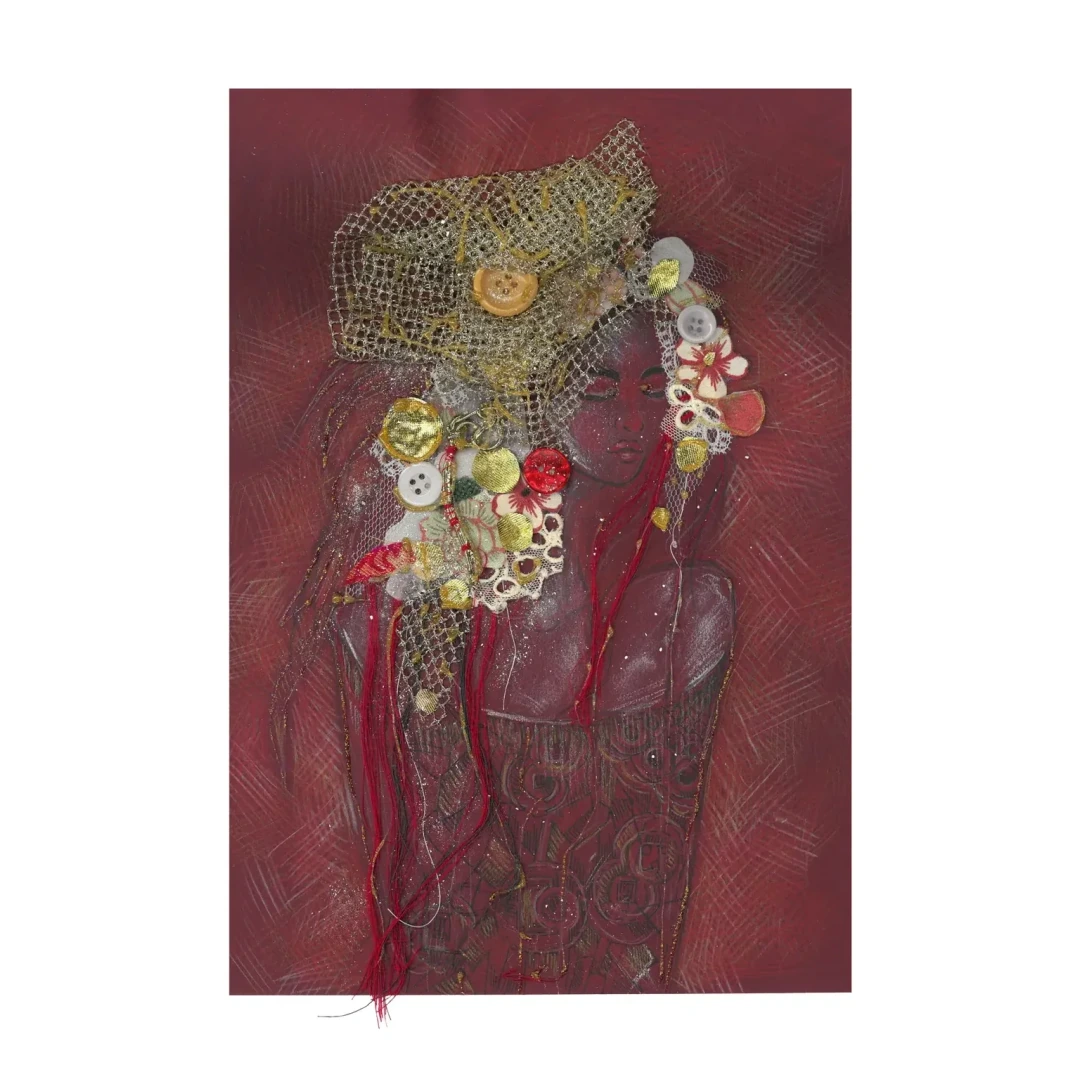 Red Lady — Textile, pencil & acrylic on paper, 30 × 40 cm, by Alona Petliarska