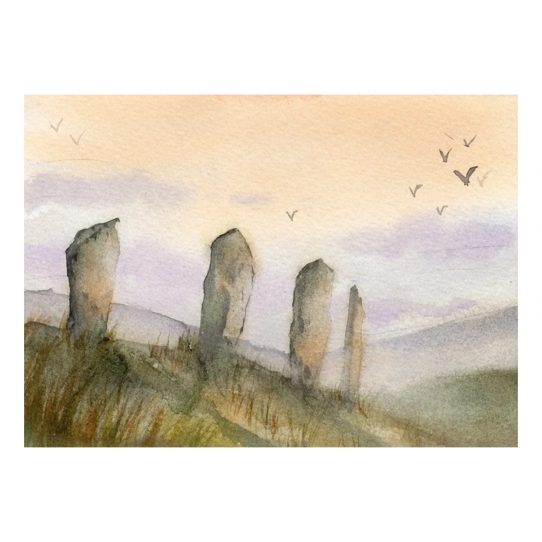 Ring of Brodgar — Watercolour on paper, 19 × 13 cm, by Alona Petliarska