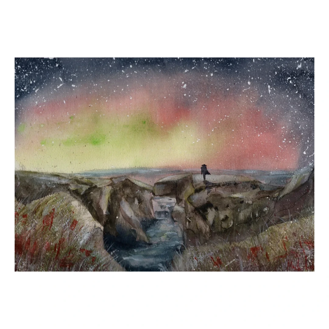 Stronsay Aurora — Watercolour on paper, 45 × 32 cm, by Alona Petliarska