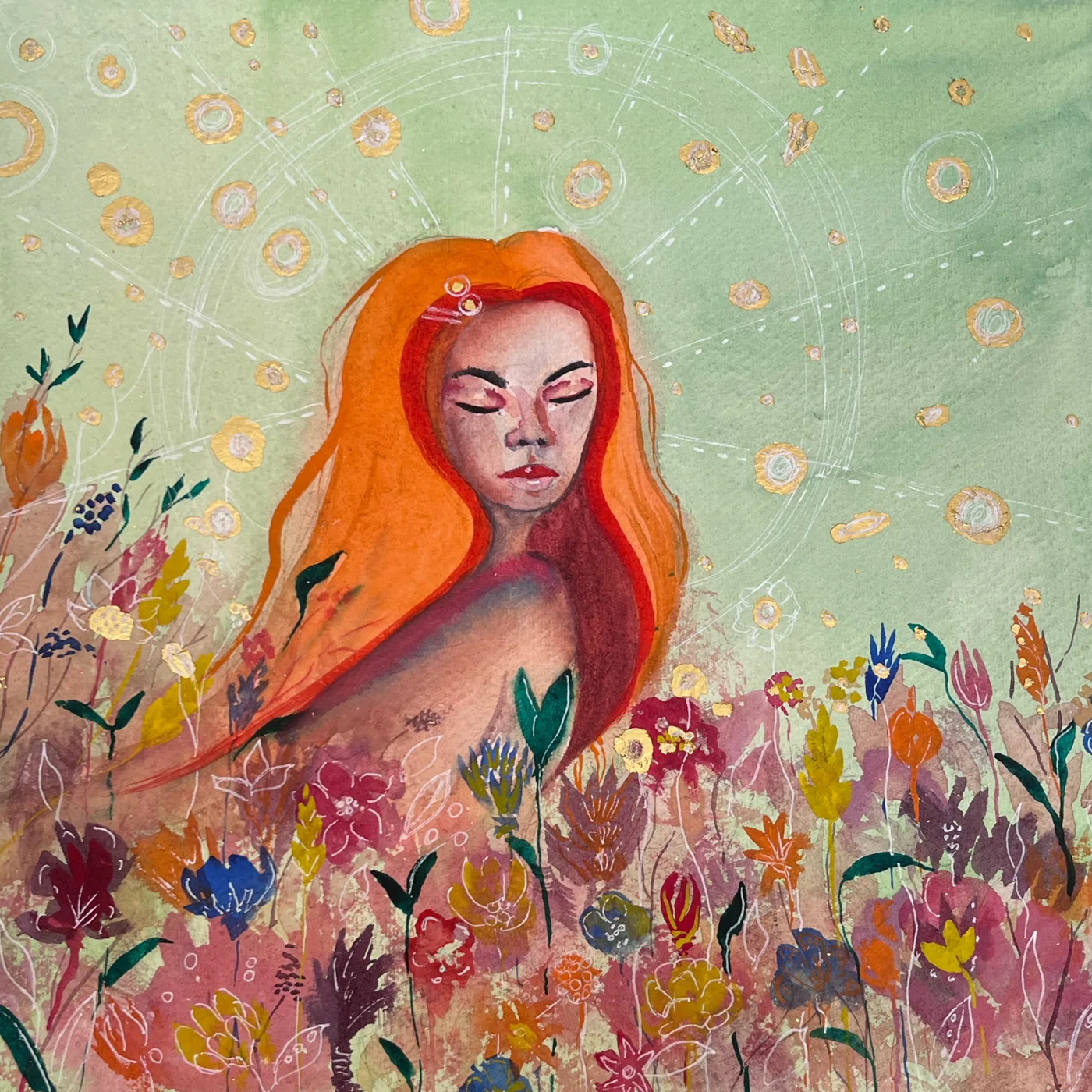 Spring — Watercolour, white ink & gold leaf on paper painting by Alona Petliarska, 2026