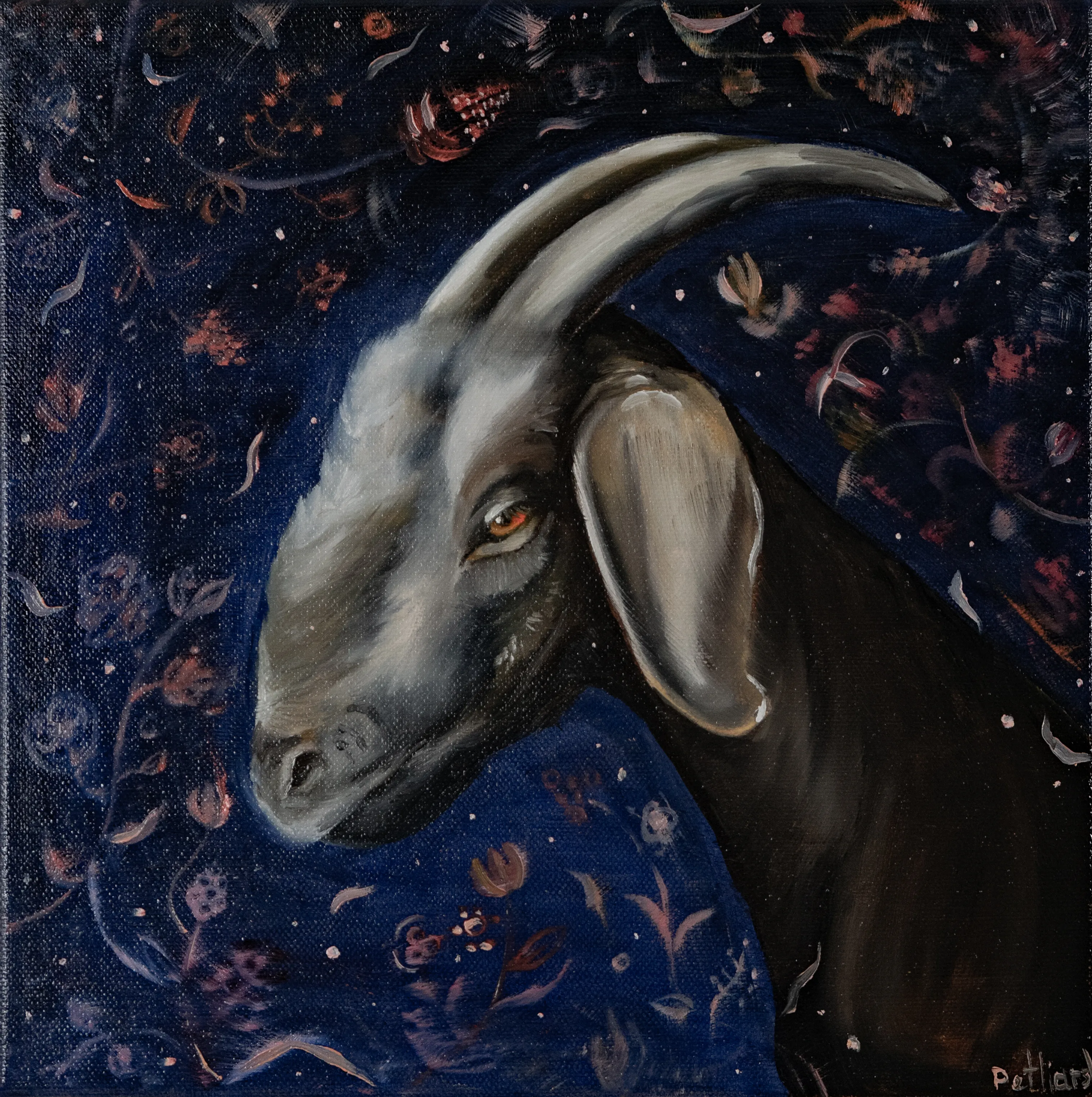 Sacred Goat — Oil on canvas painting by Alona Petliarska, 2026