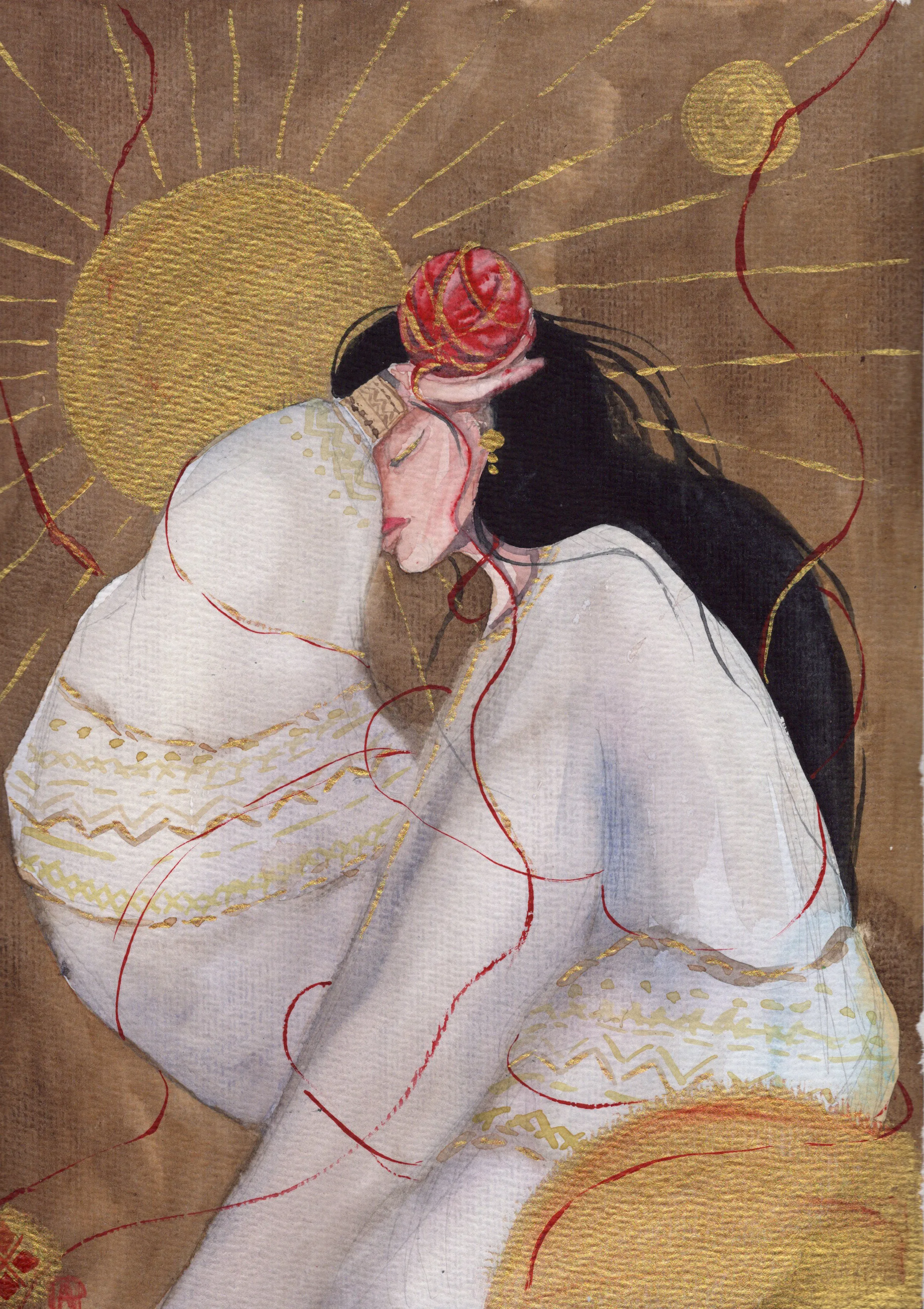 Spinner's Sun — Watercolour & gold shimmer on paper by Alona Petliarska, 2026