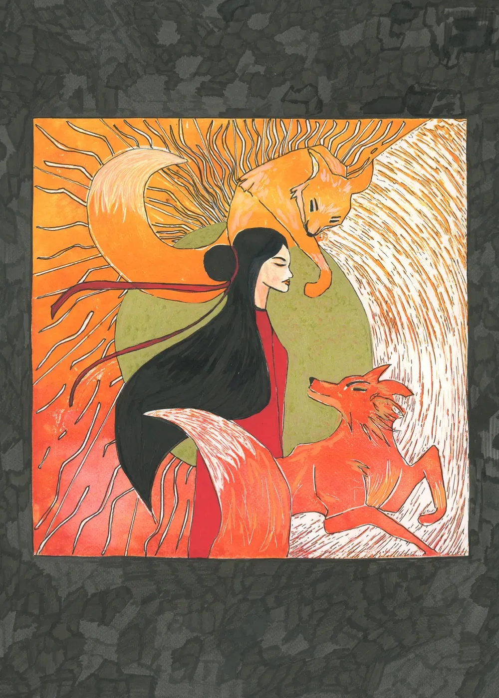 Kitsune Vol.1 — The Moon Guardian — Lino print & acrylic on paper painting by Alona Petliarska, 2025