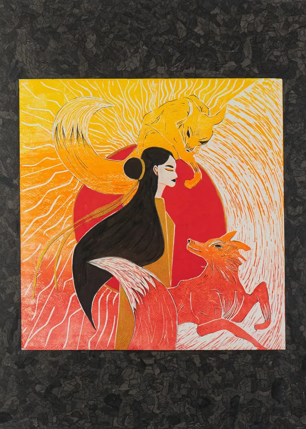 Kitsune Vol.2 — The Sun Guardian — Lino print & acrylic on paper painting by Alona Petliarska, 2025
