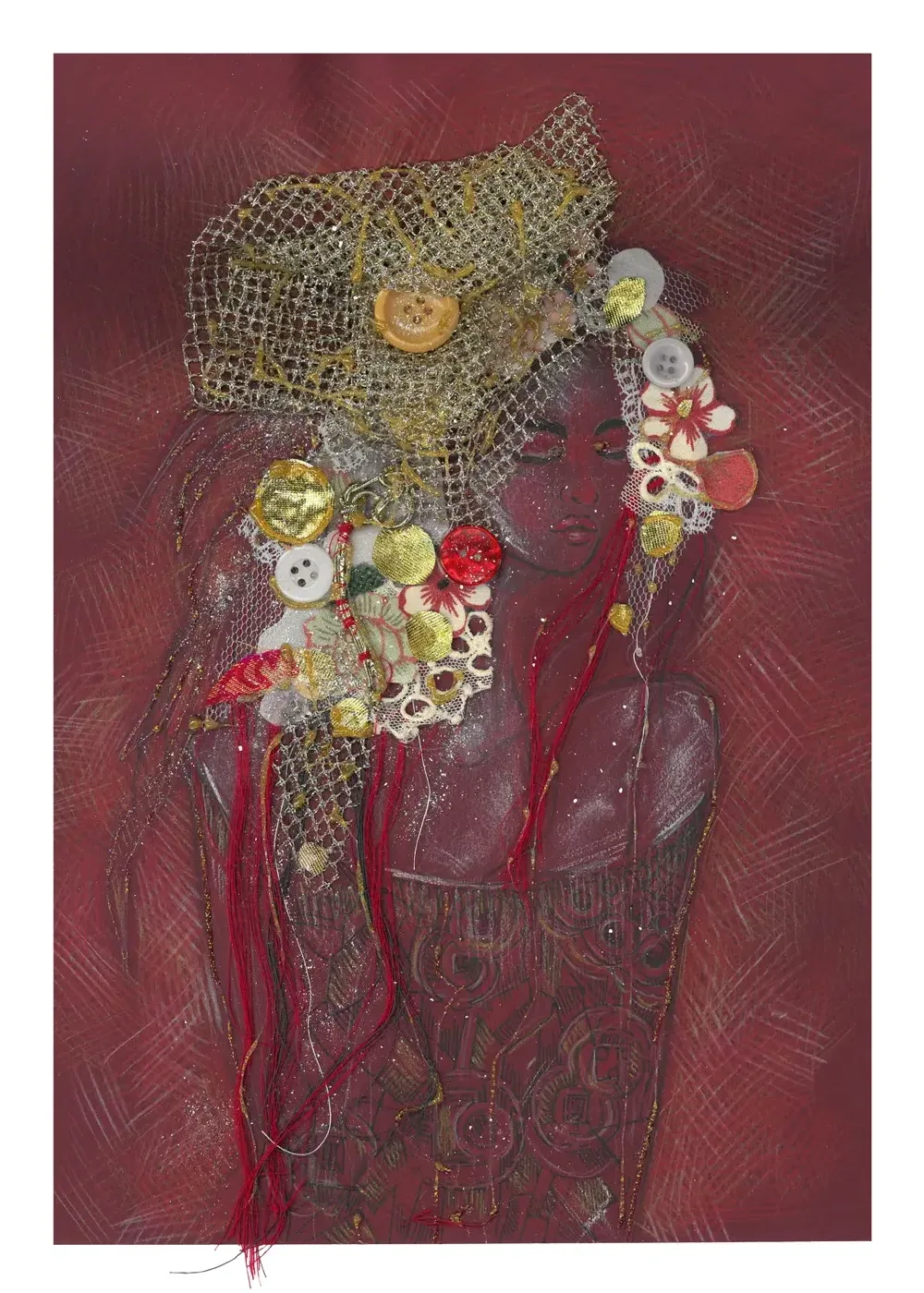 Red Lady — Acrylic, lace, gold thread & found textile on paper painting by Alona Petliarska, 2024