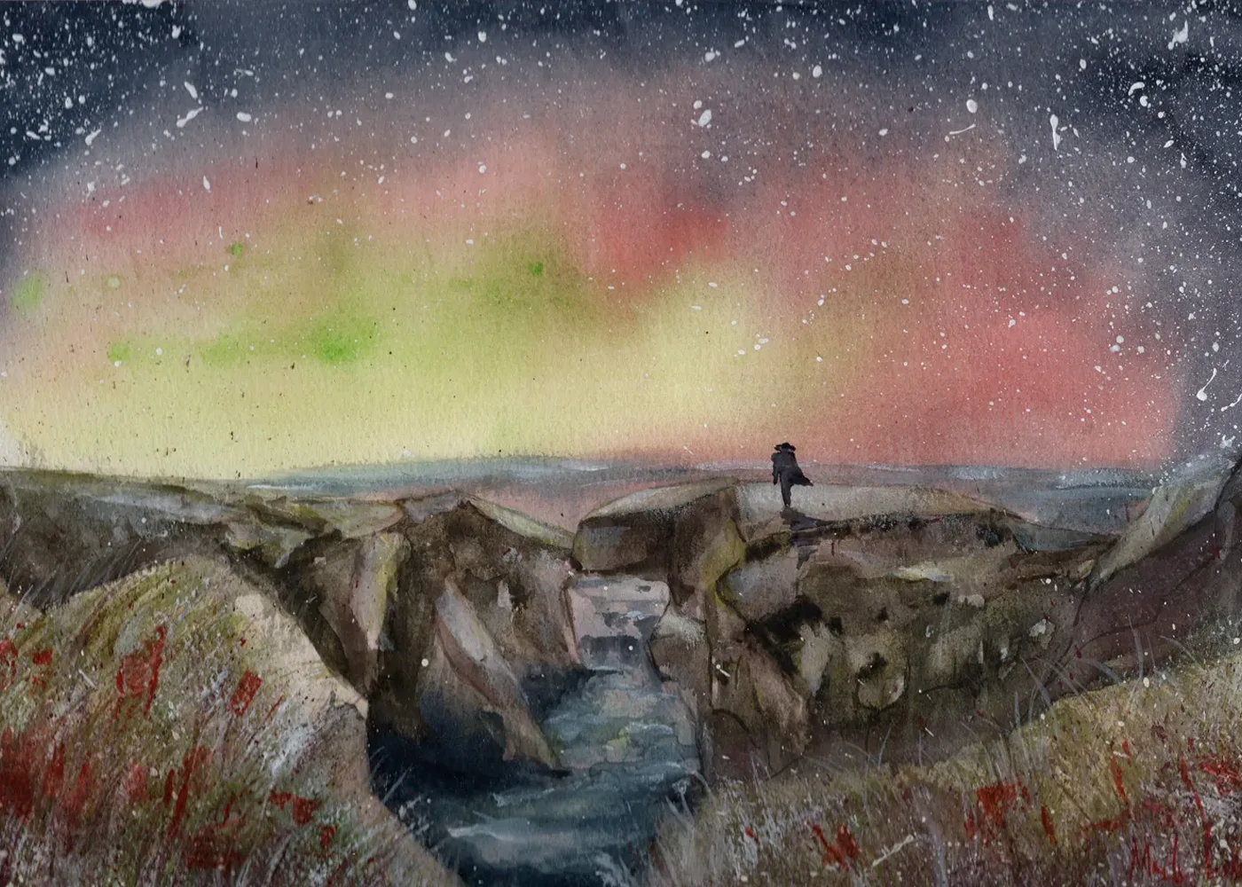 Stronsay Aurora — Watercolour on paper painting by Alona Petliarska, 2025